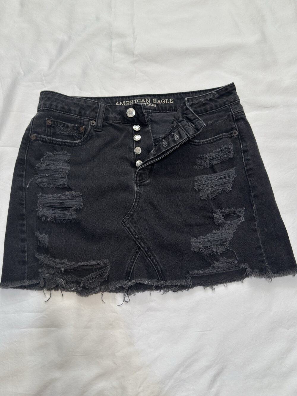 American Eagle Black Distressed Denim Mini Skirt Button Fly Size 4